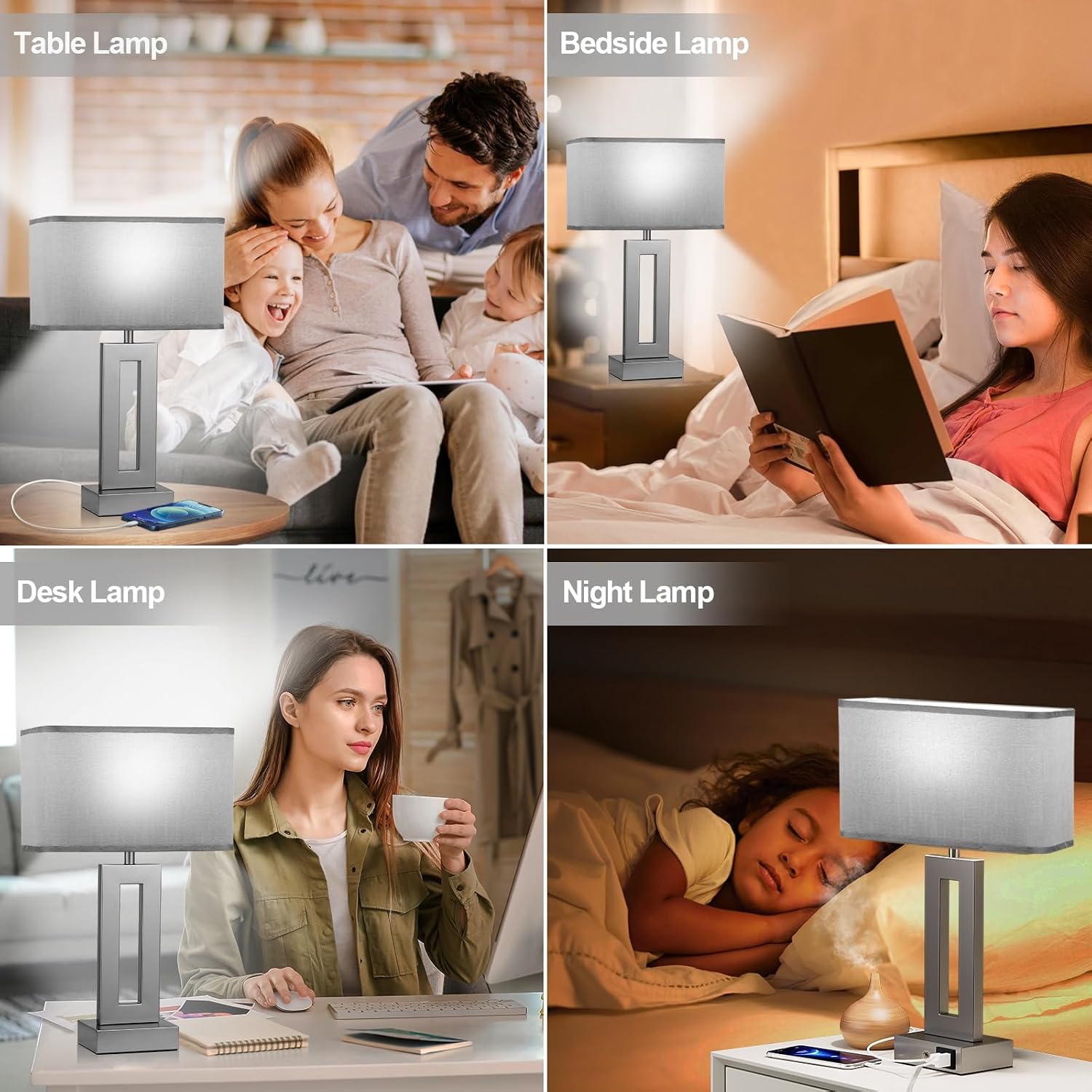 Seealle Bedroom Table Lamps Set of 2 - Grey Touch Bedside Lamps with USB C+A, 3 Way Dimmable Gold Lamp for Nightstand, Modern Night…