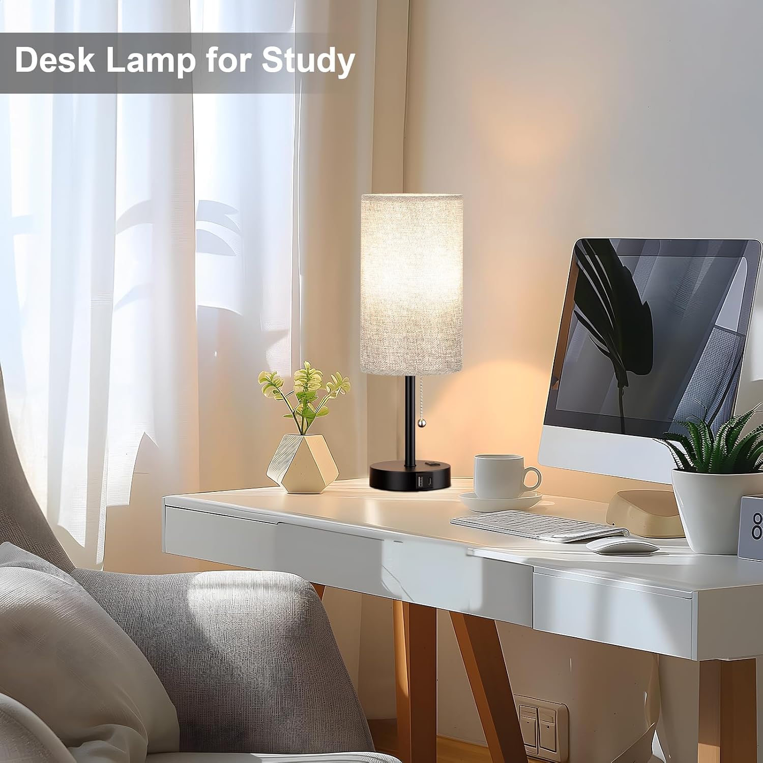 17.4Inches Grey Bedside Lamp for Bedroom Nightstand - Tall Table Lamp with USB A + C Charging Port & AC Outlet, 3 Color Temperatures Pull…