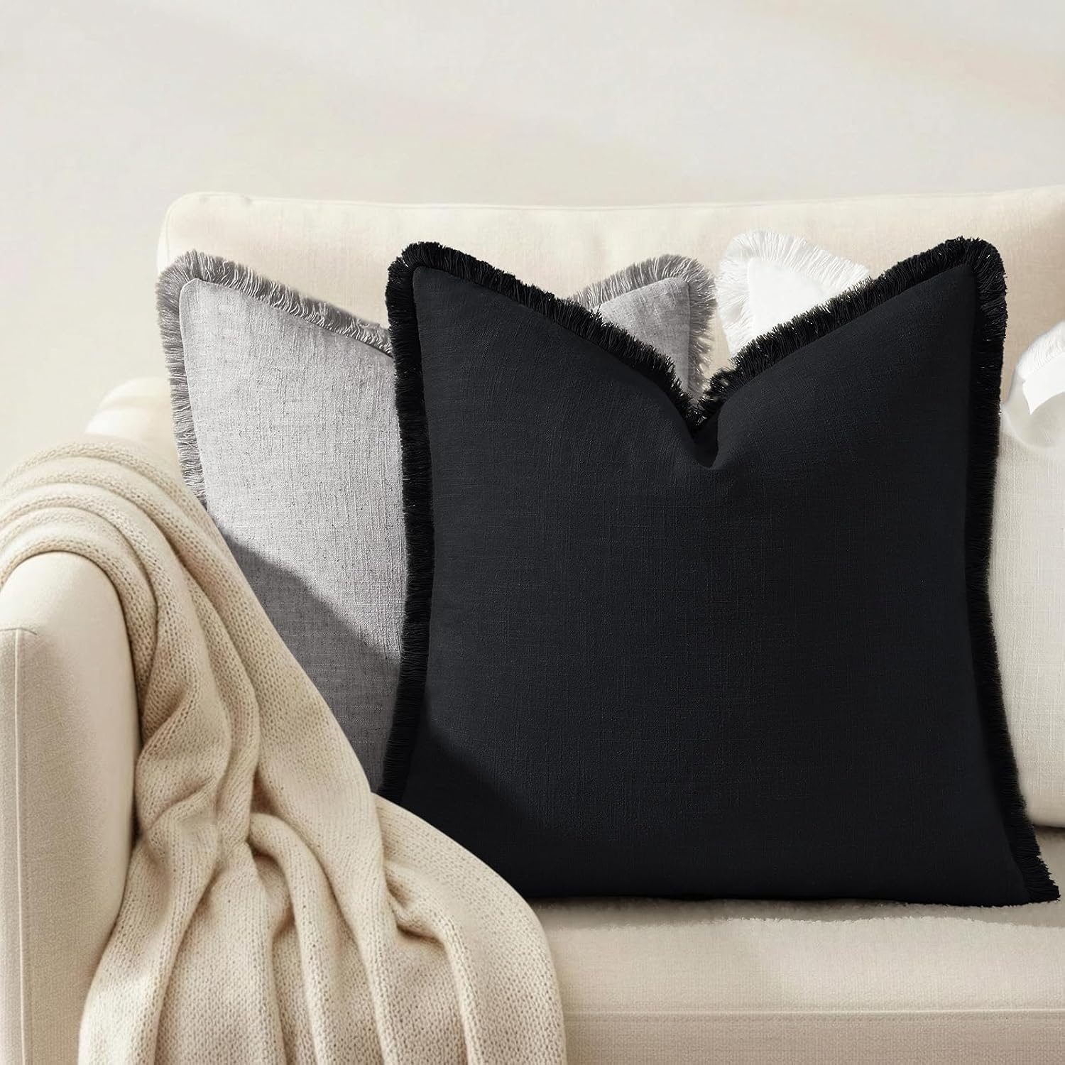 decorUhome Summer Decorative Neutral Linen Fringe Euro Sham Throw Pillow Covers Set of 2 Black Pillow Covers with Tassels Soft Farmhouse Bo…