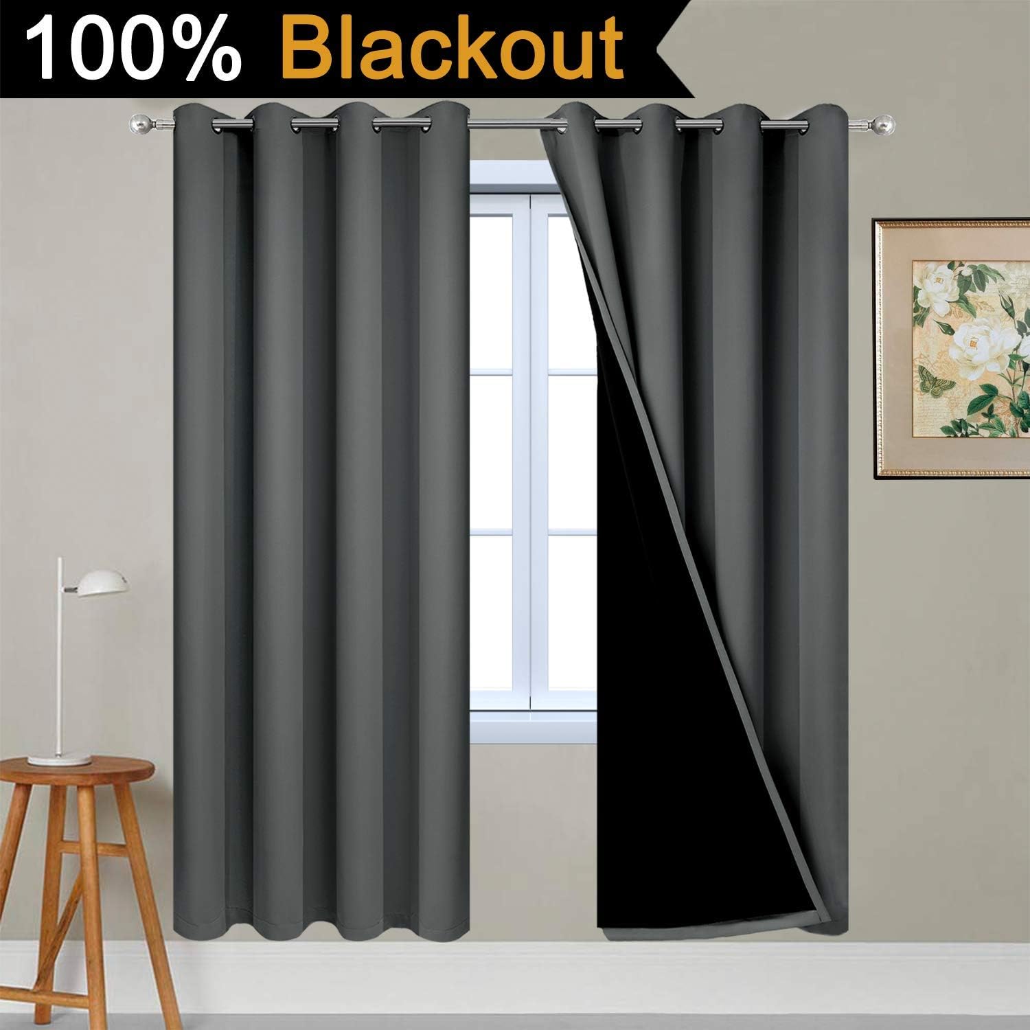 Yakamok 100% Blackout Curtains 72 Inches Long, 2 Thick Layers Thermal Insulated Window Treatment for Bedroom, Heat and Full Light Blocking…