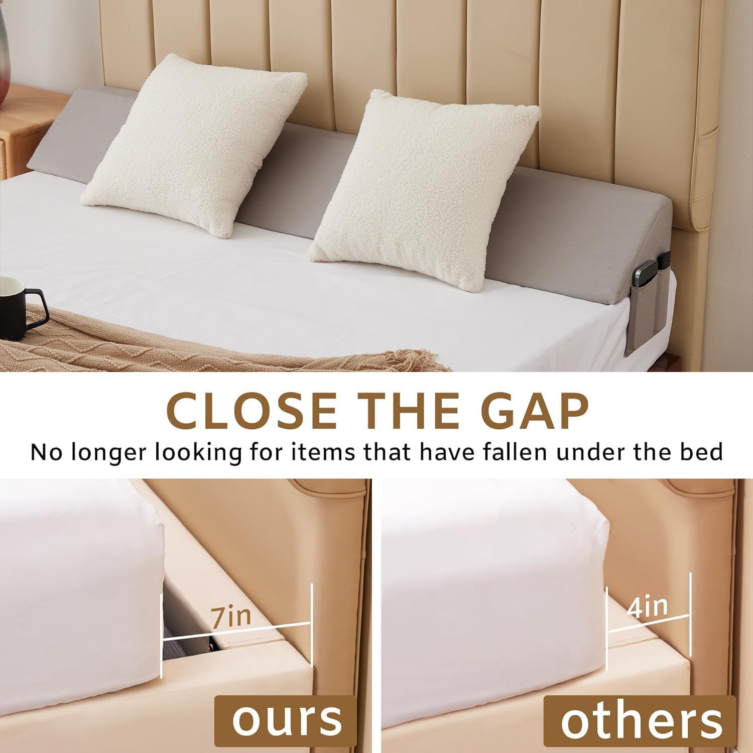 Bedluxe King Bed Wedge Pillow for Headboard, Wedge Pillow Headboard, Bed Gap Filler - Fill The Gap (0-7")(Gray, 76"x10"x6")