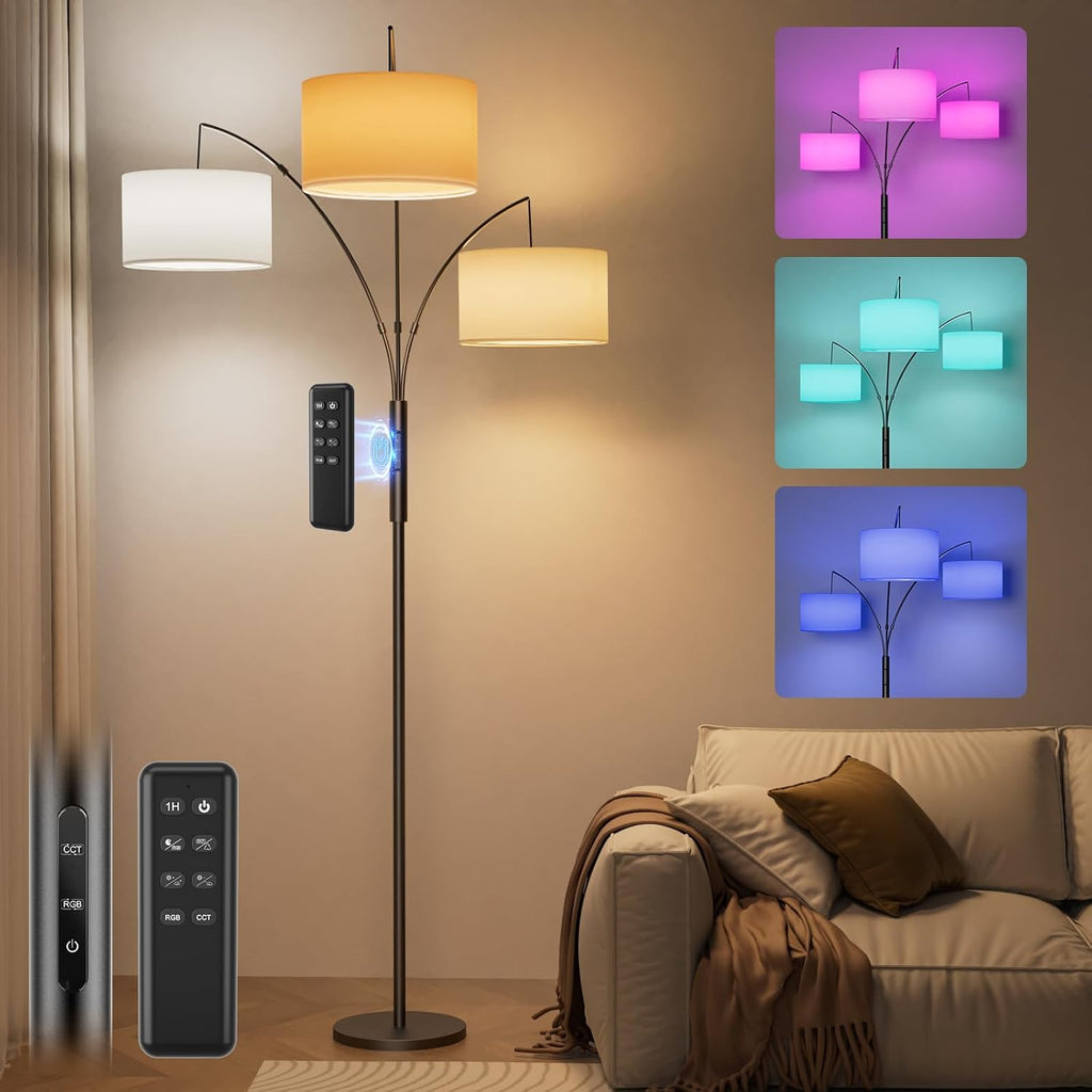 SIBRILLE 36W RGB Arc Floor Lamp with 3 Fabric Shades, 3000LM Super Bright Standing Lamp with Remote Control & Touch, Stepless Dimming…