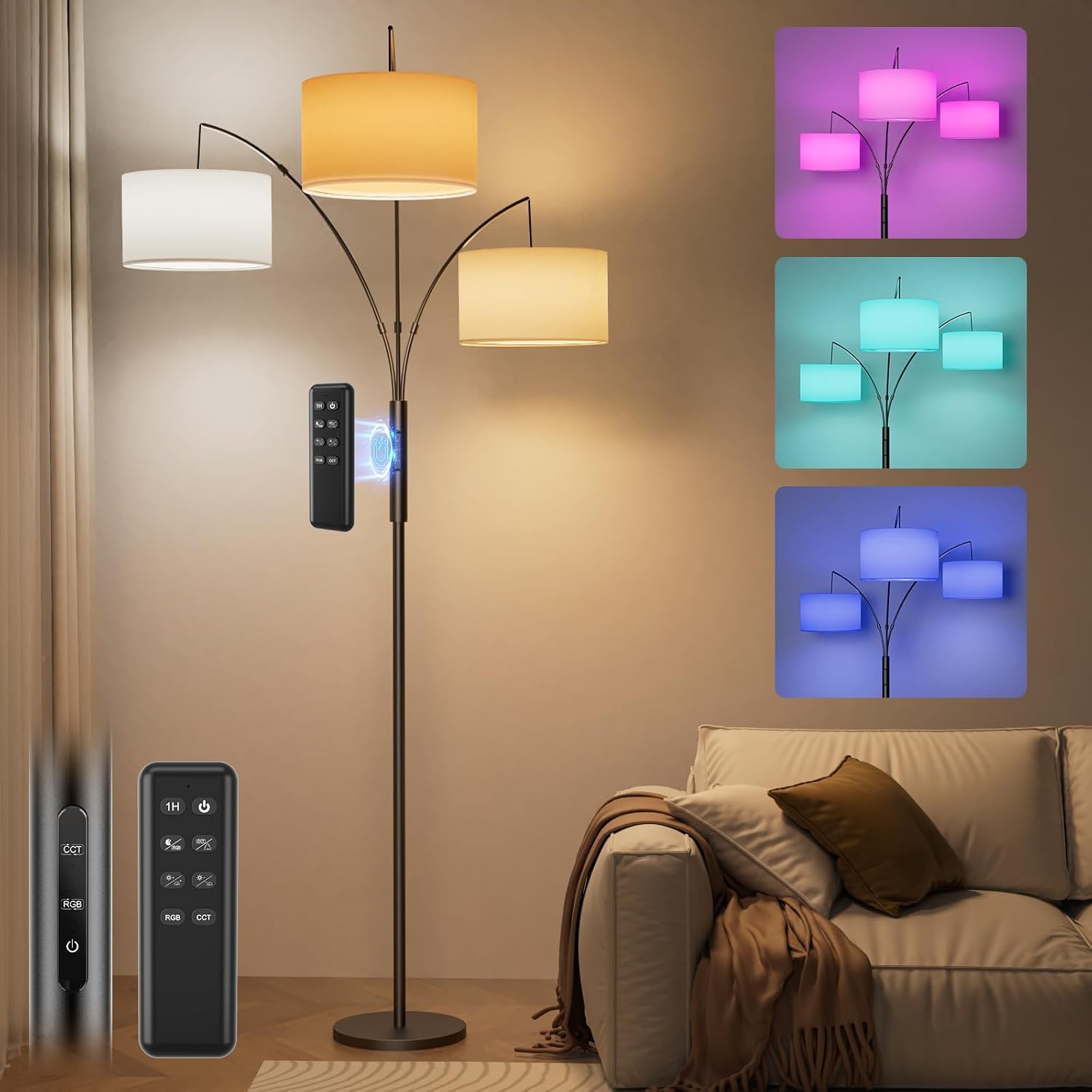 SIBRILLE 36W RGB Arc Floor Lamp with 3 Fabric Shades, 3000LM Super Bright Standing Lamp with Remote Control & Touch, Stepless Dimming…