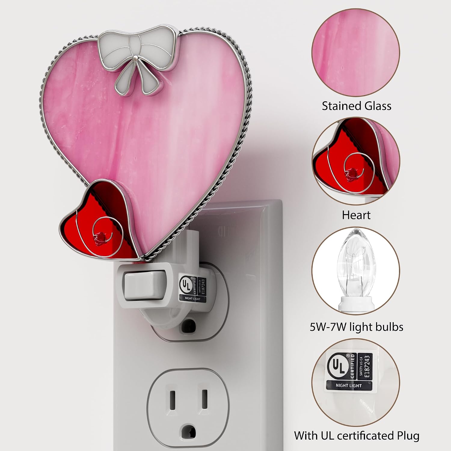KY&BOSAM Stained Glass Heart Night Lights Plug into Wall 1-Pack 7W Dusk to Dawn 3000K Warm Pink Bright Nightlight with Switch On/Off for…
