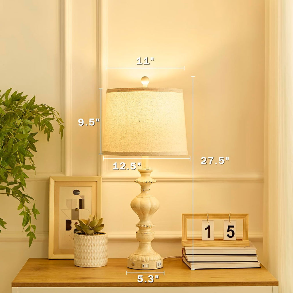SAIWEYA 27.5" Farmhouse Table Lamps Set of 2 Bedside Nightstand Lamp with USB C+A Ports & AC Outlet, 3 Way Dimmable Touch Lamps for…