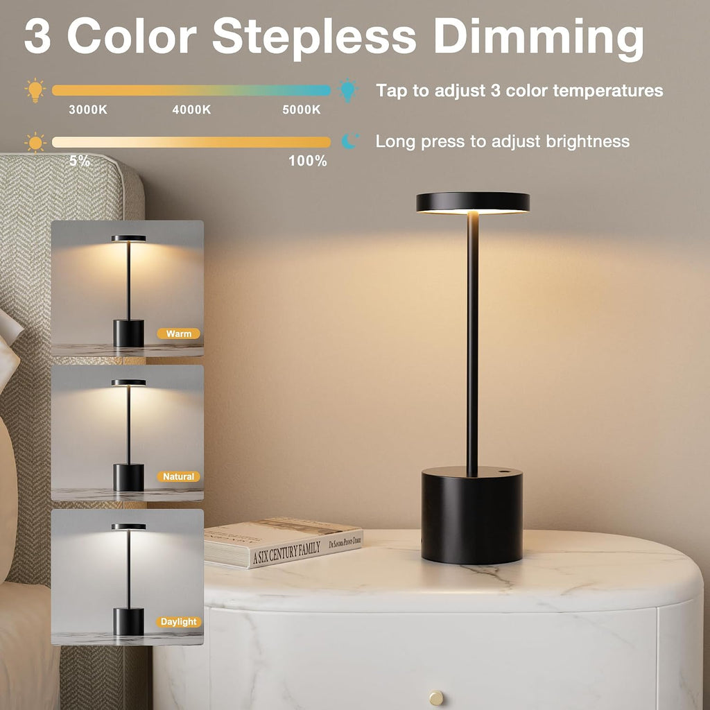 Black Cordless Table Lamp, 4000mAh Rechargeable Battery Powered Lamps, 3 Color Stepless Dimming, LED Wireless Outdoor Lamps for Dining…