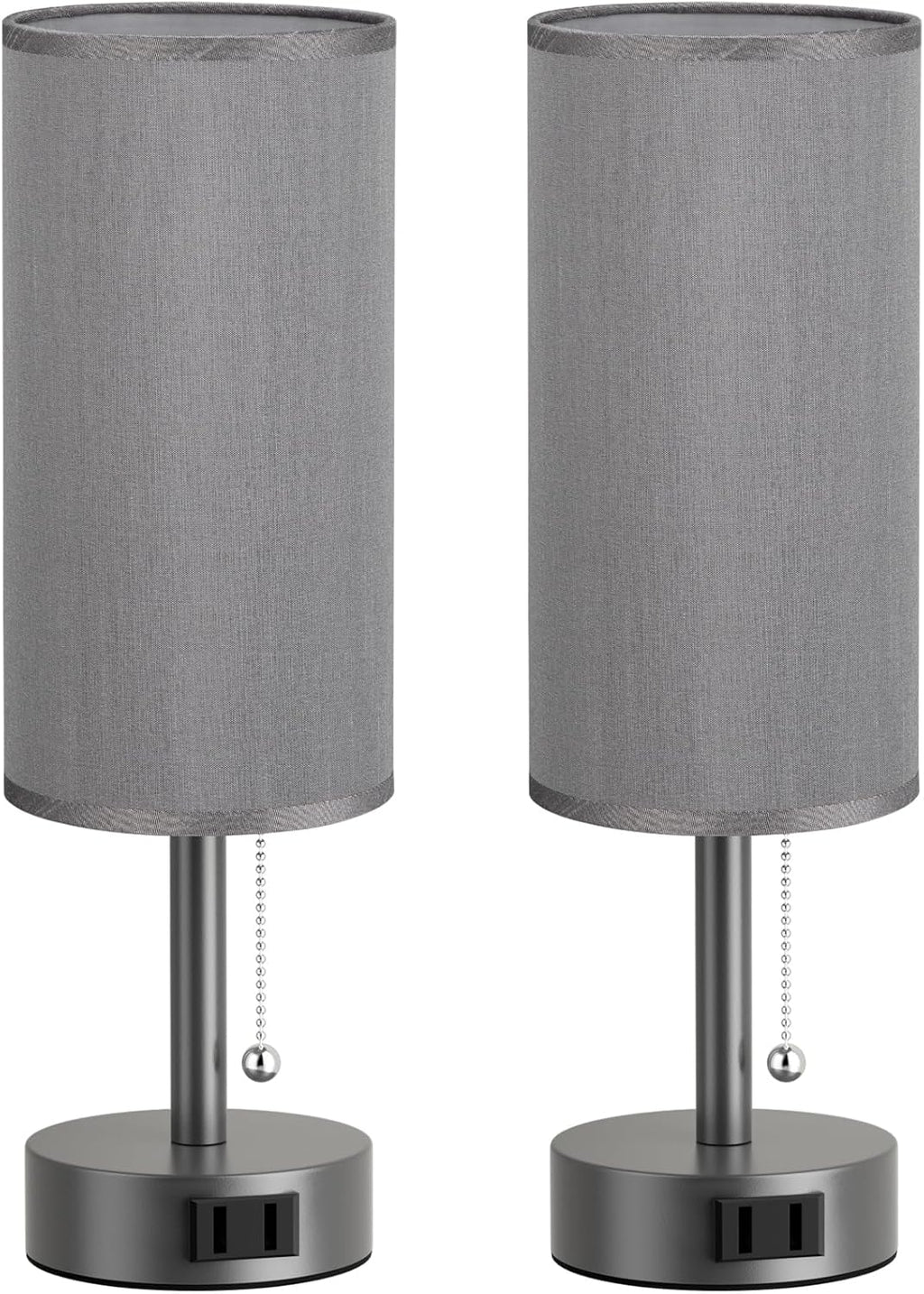 Fenmzee Dark Grey Bedside Table Lamps Set of 2-3 Color Temperatures Pull Chain Lamp with AC Outlet Charging Port, Small Round Night Stand…