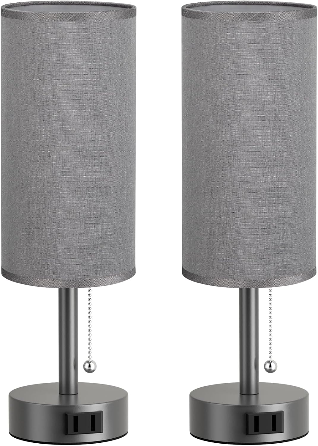 Fenmzee Dark Grey Bedside Table Lamps Set of 2-3 Color Temperatures Pull Chain Lamp with AC Outlet Charging Port, Small Round Night Stand…