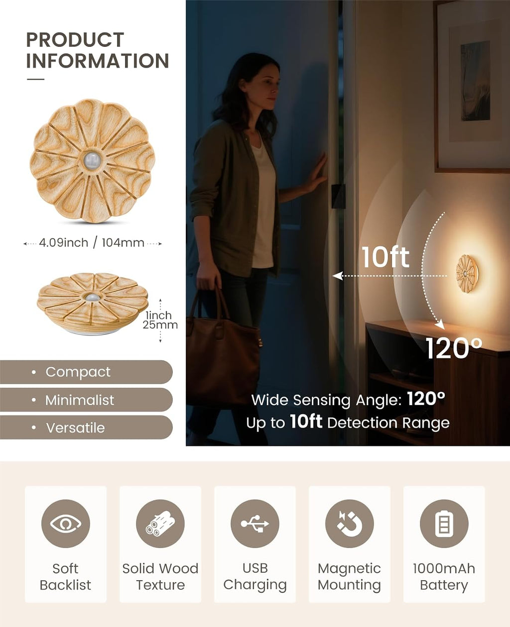 Night Light Wooden Carved Flower Mini USB Rechargeable Motion Sensor Nightlights Magnetic Wall Light for Hallway, Bedroom, Living Room…