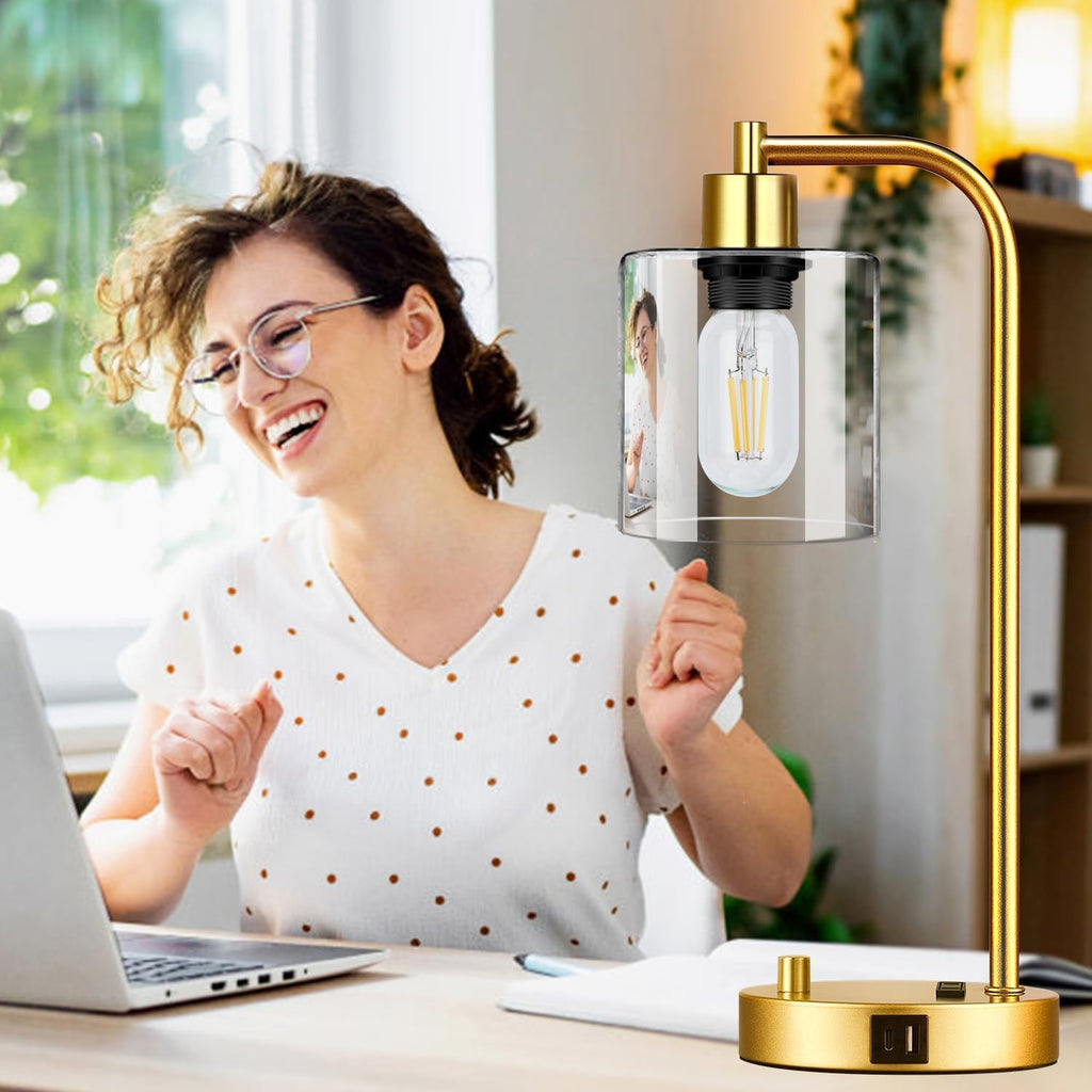 Lynnoland Set of 2 Industrial Table Lamps with USB Port, Gold Fully Stepless Dimmable Bedside Lamps for bedrooms, Nightstand Desk Lamp…