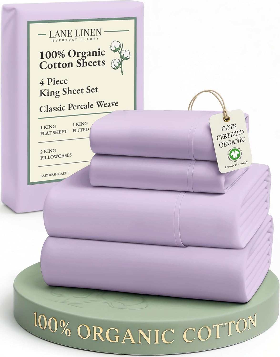 LaneLinen LANE LINEN 100% Organic Cotton Fully Elasticized King Sheet Set, Low Pilling Fade Resistant Machine Washable Naturally Cooling Ki…