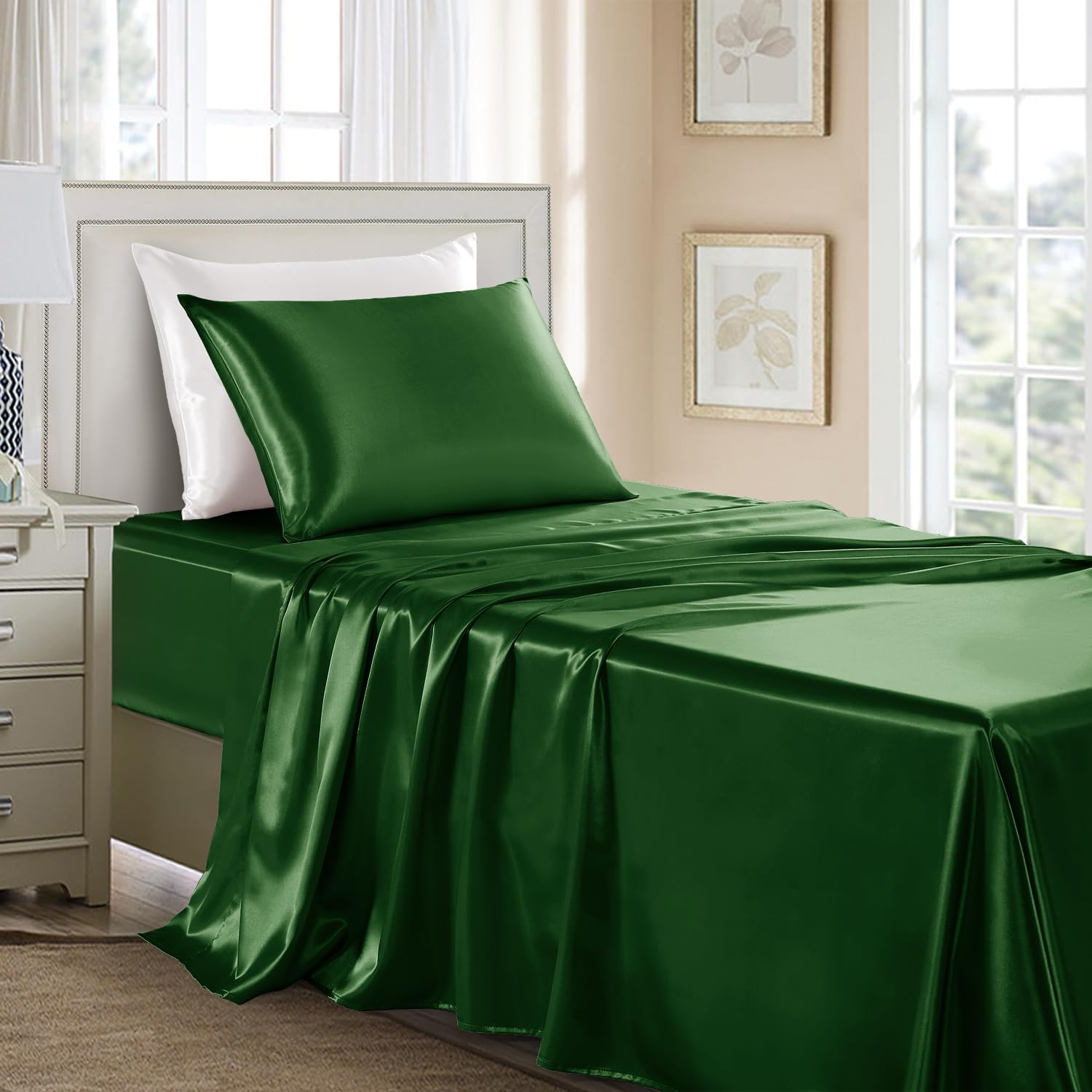 Golal Satin Sheets Twin XL Size - 3 Pieces Luxury Silky Soft Bed Sheets, Wrinkle-Free Dark Green Satin Silk Sheet Set with 1 Deep Pocket Fi…