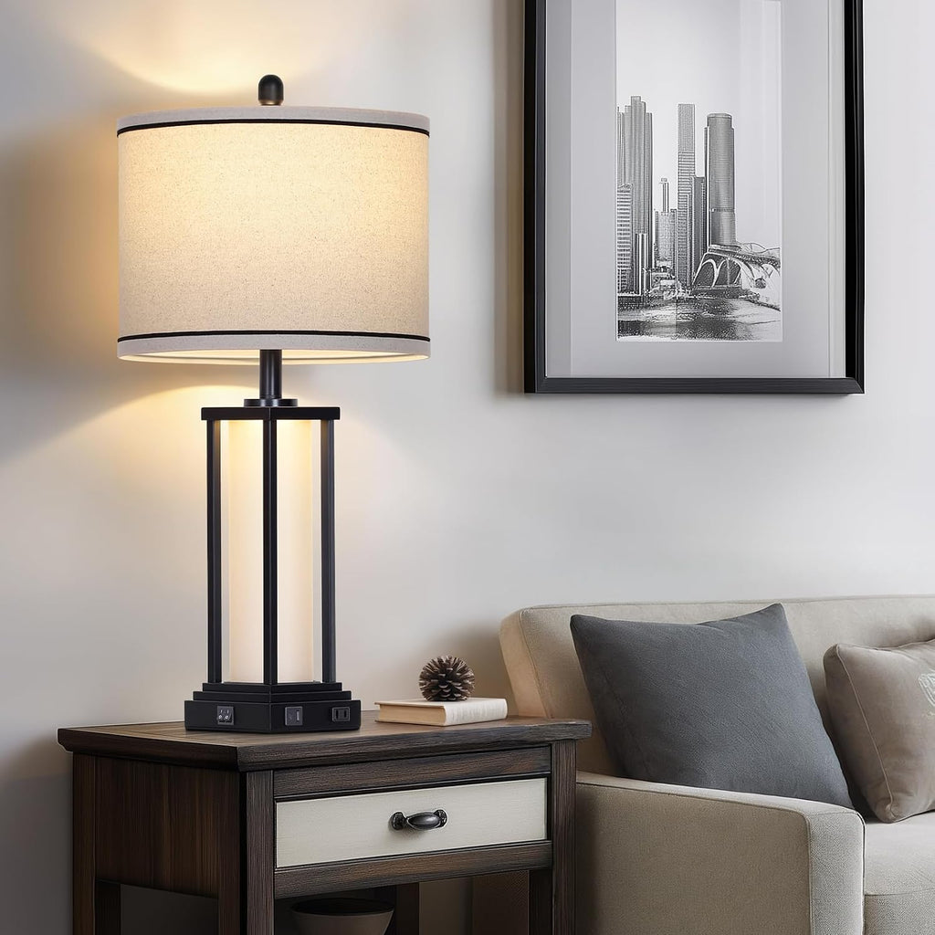 Cinkeda 27" Tall Vintage Table Lamp with USB C+A & Outlet, Black Industrial End Table Lamp for Living Room, Farmhouse Rustic Bedside Lamp…