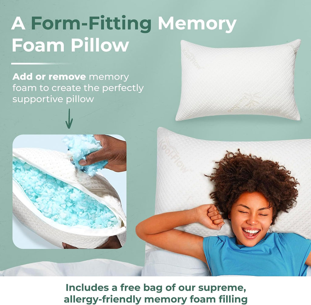 Snuggle-Pedic Adjustable Gel Cooling Pillow - Shredded Memory Foam Pillows for Side, Stomach & Back Sleepers - Keeps Shape - College Dorm…