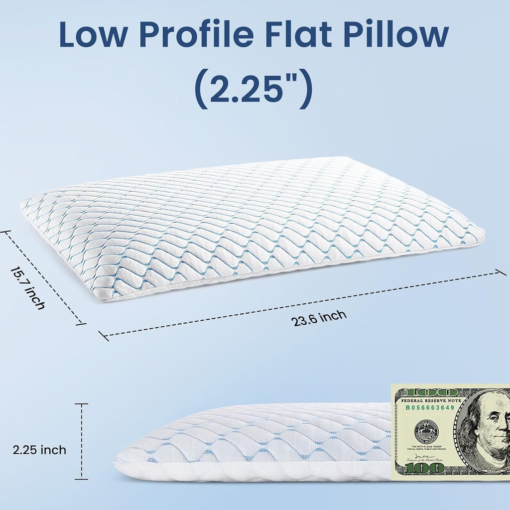 2.25" Ultra Thin Memory Foam Pillow with Cool-to-Touch Cover, Low Profile Flat Bed Pillow for Back & Stomach Sleepers, Standard Size