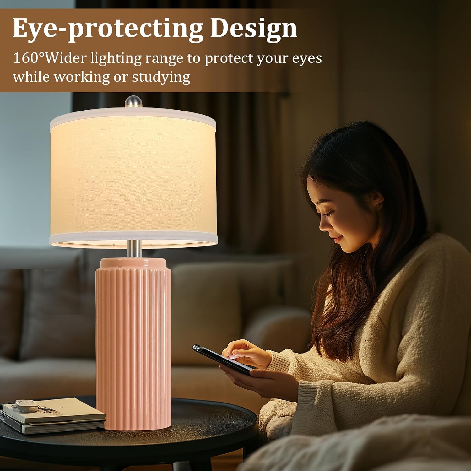 Tobusa 23.5’’ Orange Table Lamps for Bedroom Set of 2, Modern Ceramic Nightstand Lamps for Living Room, Retro Lamps with White Shade Set fo…