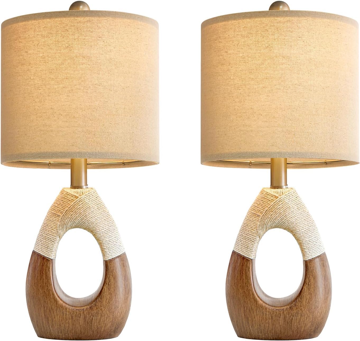 OYEARS Boho Table Lamps Bedroom Living Room Set 2, Suitable for Small Space, Farmhouse RattanTable Lamp 19”Rustic Egg Design Resin Light…