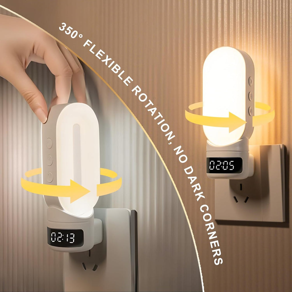 LED Night Light Plug in Wall with Digital Clock, Remote Control, 350° Rotatable Head, Adjustable Brightness, Warm White Lamp for Bedroom…