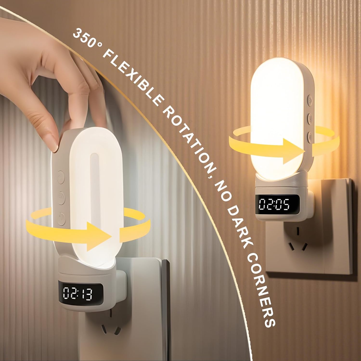 LED Night Light Plug in Wall with Digital Clock, Remote Control, 350° Rotatable Head, Adjustable Brightness, Warm White Lamp for Bedroom…