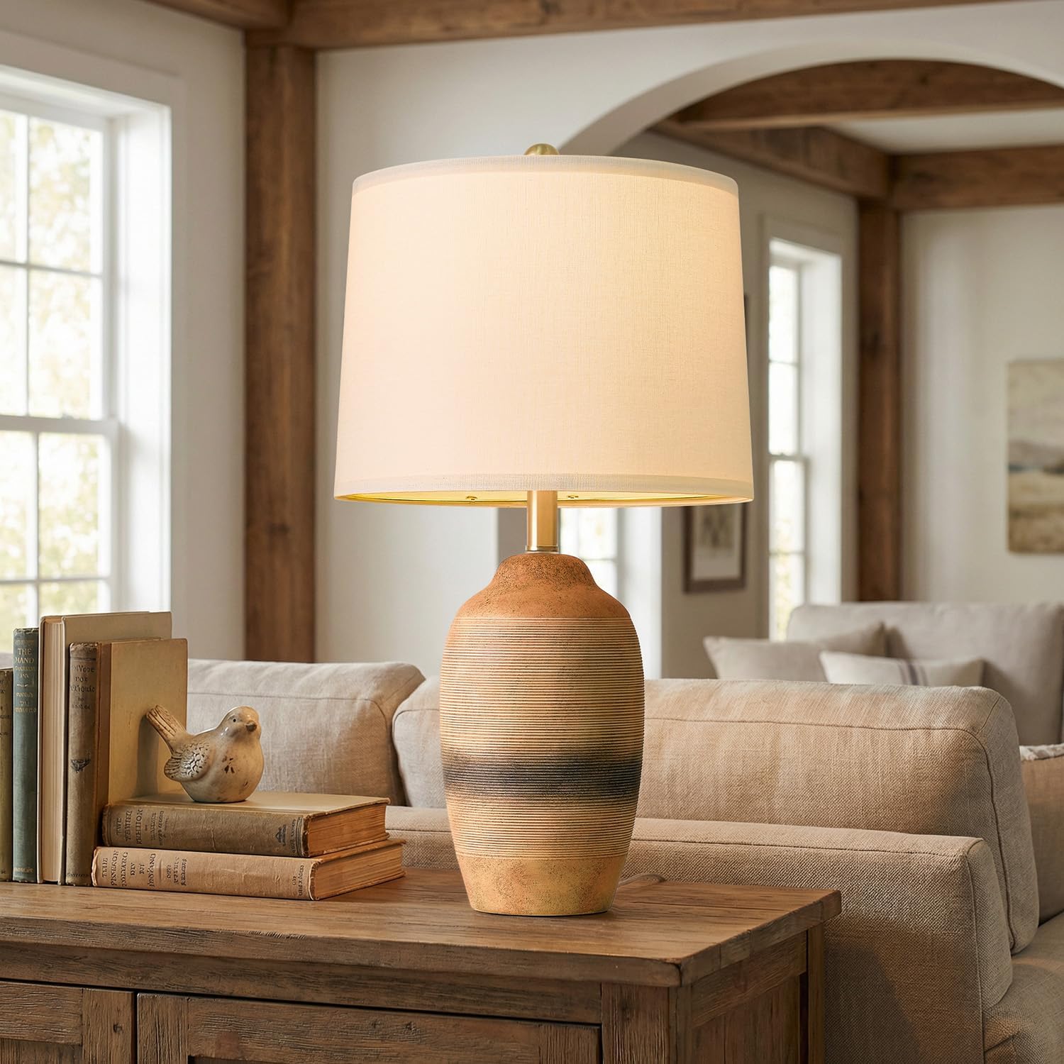 USumkky 24.5" Handcrafted Ceramic Table Lamp with 5FT Cord, Single Farmhouse Vintage Rustic Bedside Lamp for Living Room Bedroom, Linen Sha…