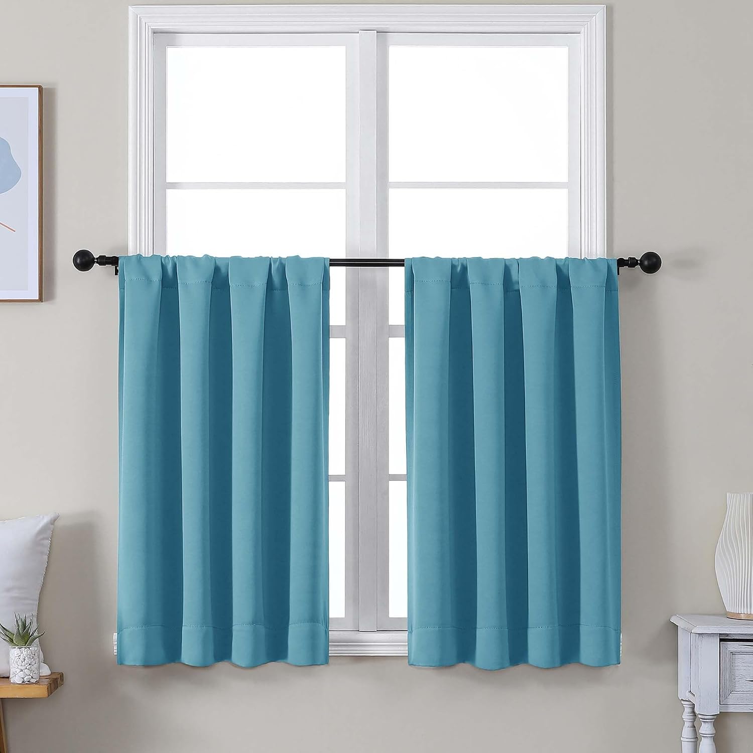 Simplebrand Ava Turquoise Short 36 Inches Blackout Curtain 2 Panels Set, Half Window Rod Pocket Privacy Curtain Tiers for Kitchen, Curtains…