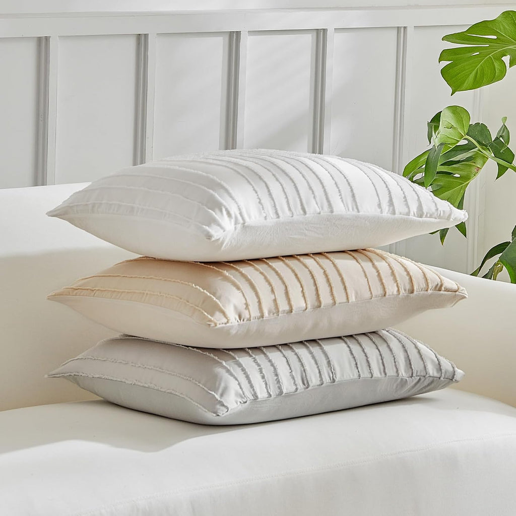 Warmdern Khaki Striped Pillow Covers Queen Pillow Cases Soft Microfiber Stripe Pillow Cases Set of 2 Boho Tufted Stripes Textured Pillowcas…