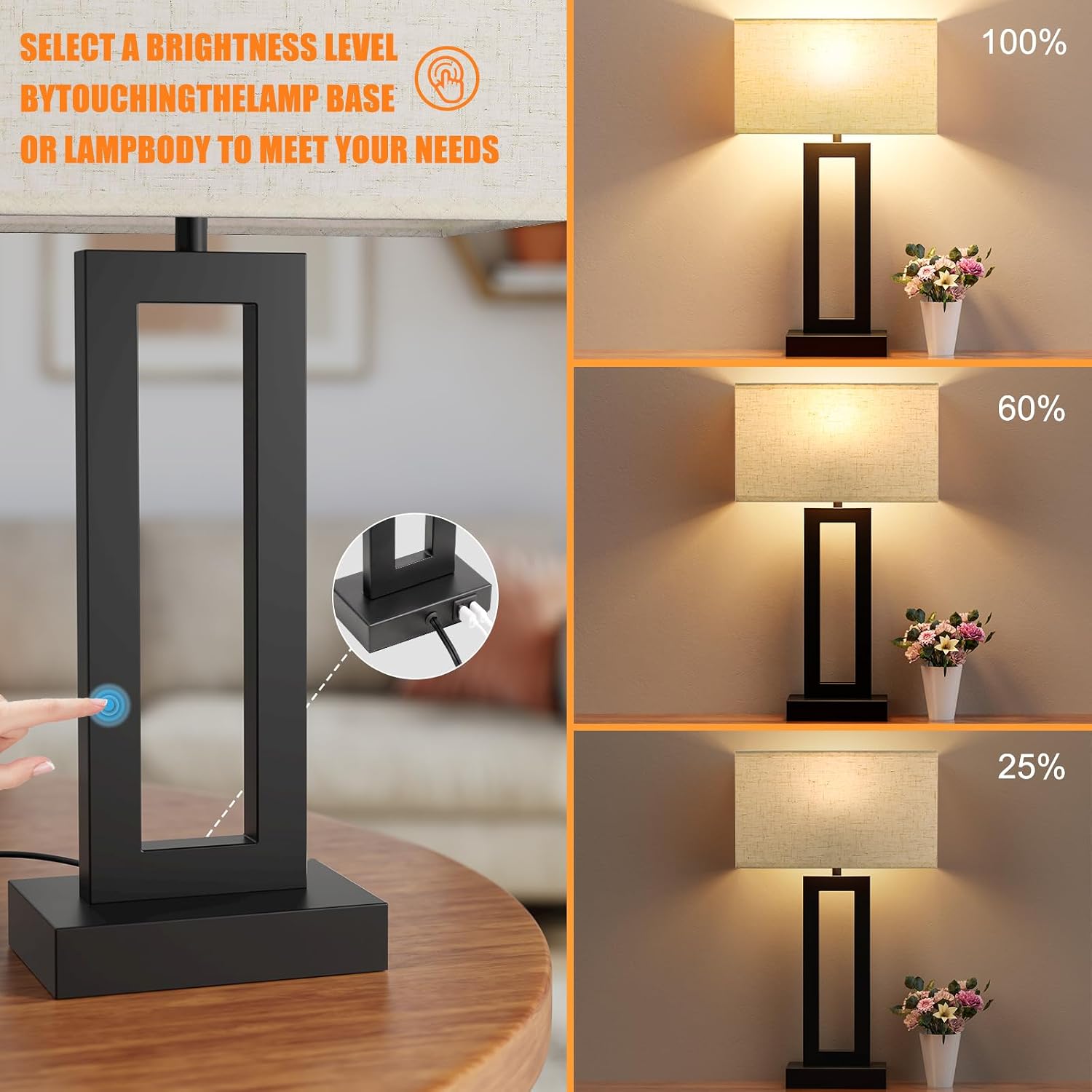 Seealle 22" Tall Living Room Lamps for Night Stands - Touch Bedside Lamp with USB C+A, 3 Way Dimmable Bedroom Lamps for End Tables Set of…