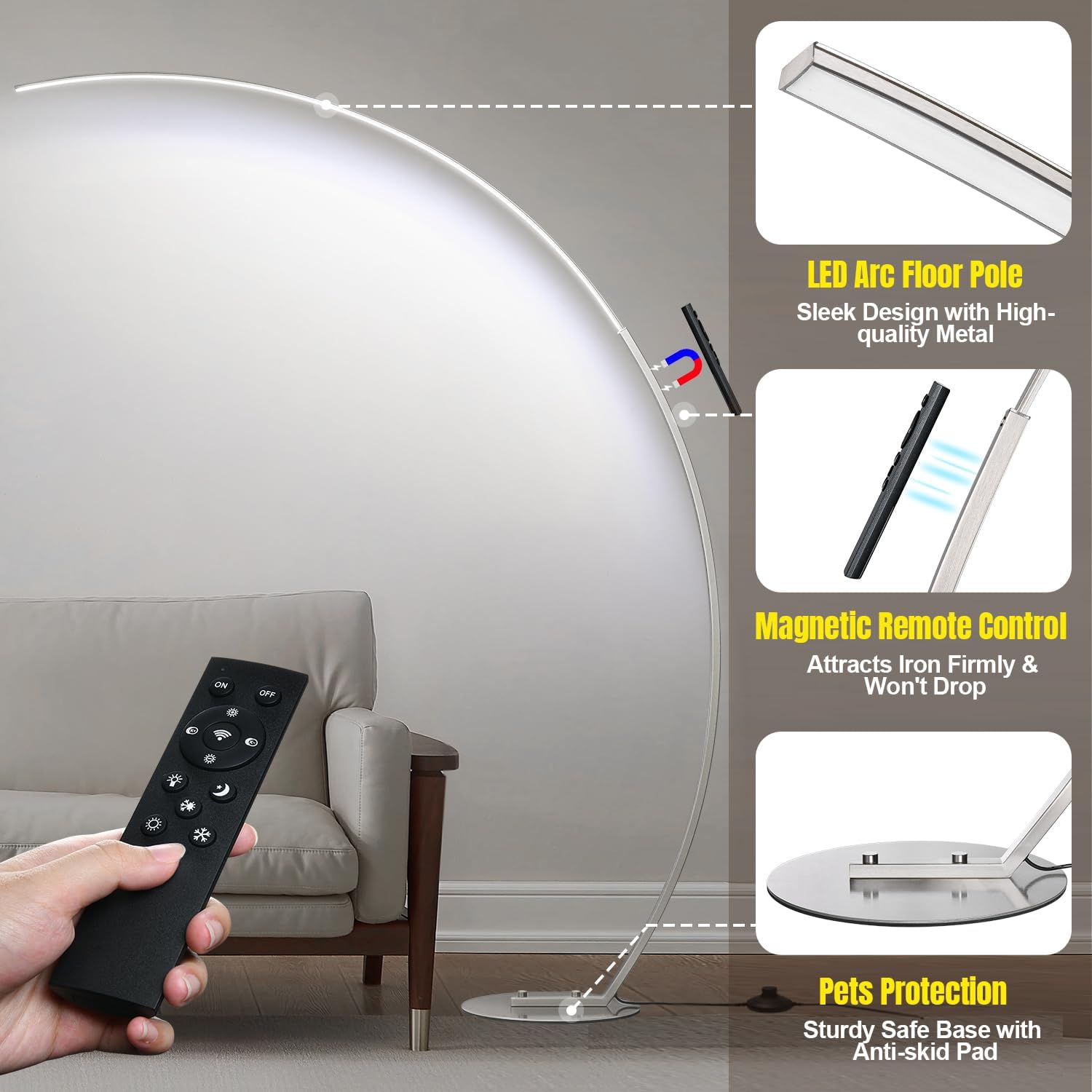 Dimmable LED Floor Lamp with 3 Color Temperatures, Ultra Bright 2000LM Brushed Nickel Arc Floor Lamps for Living Room, Modern Tall Lamp…