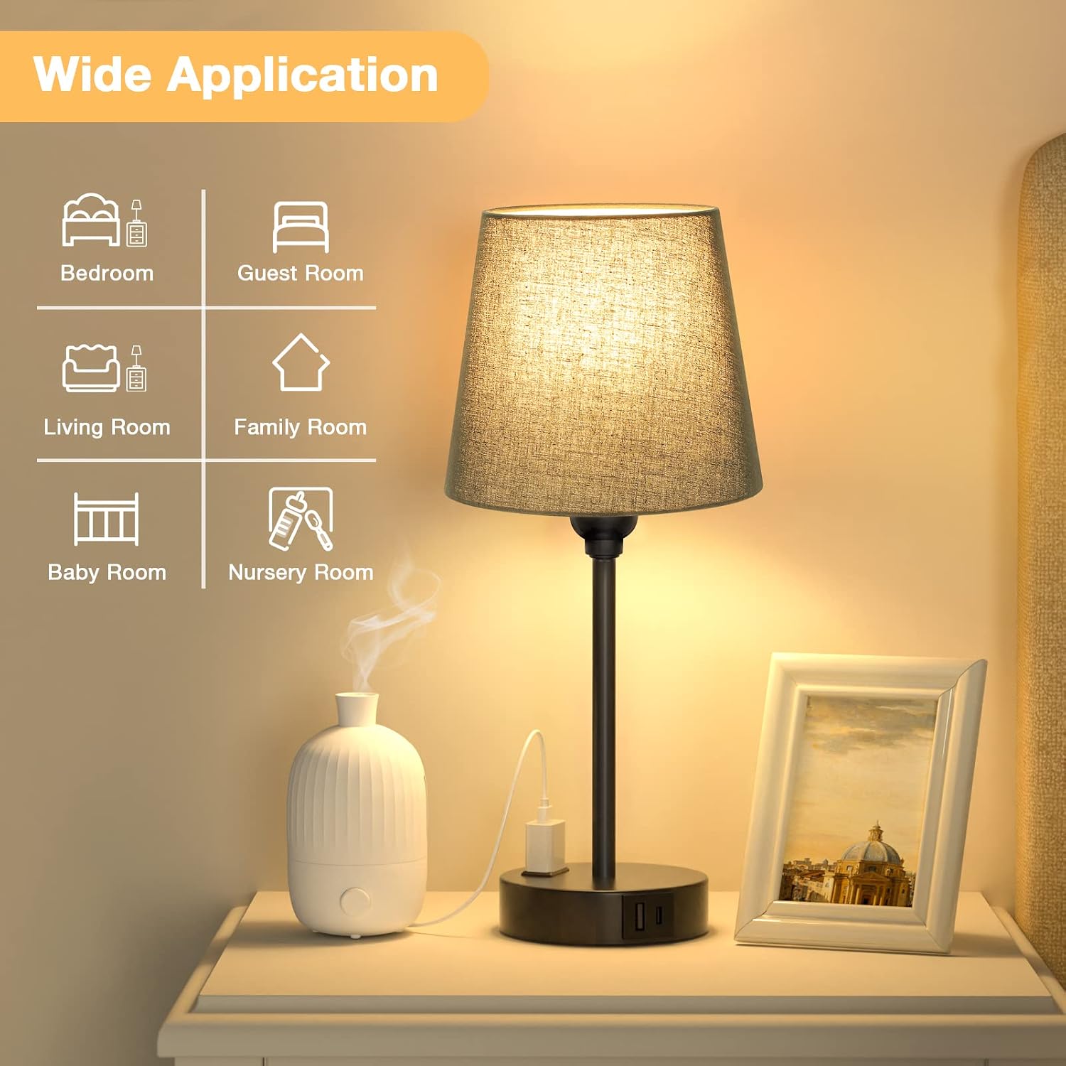 Black Lamp for bedrooms Set of 2 - Nightstand Bedroom Lamp with USB C Port and AC Outlet Charging, 3 Way Dimmable Touch Control Bed Side…
