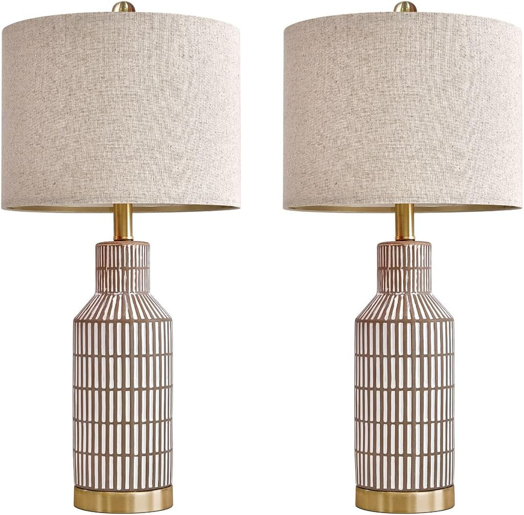 USumkky 25" Table Lamps Set of 2, Modern Ceramic Bedside Lamps - Farmhouse Brown Nightstand Lamps for Bedroom, Boho Living Room End Table…