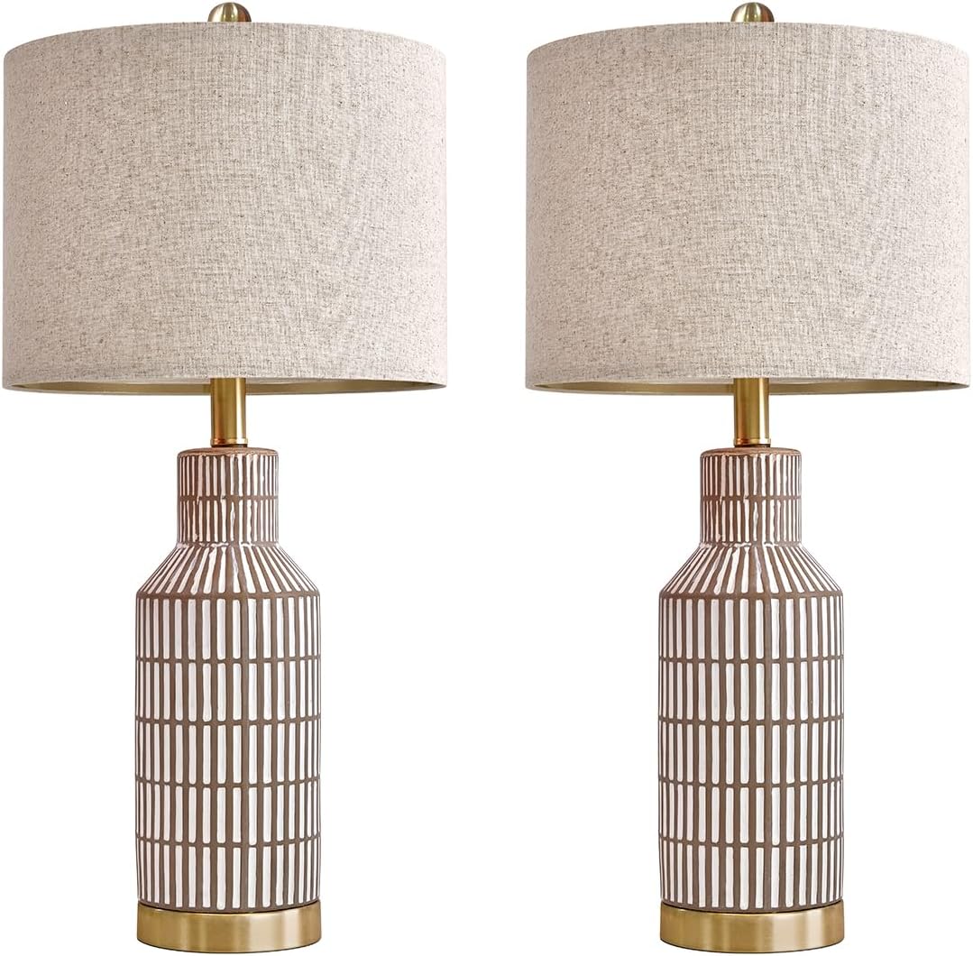 USumkky 25" Table Lamps Set of 2, Modern Ceramic Bedside Lamps - Farmhouse Brown Nightstand Lamps for Bedroom, Boho Living Room End Table…