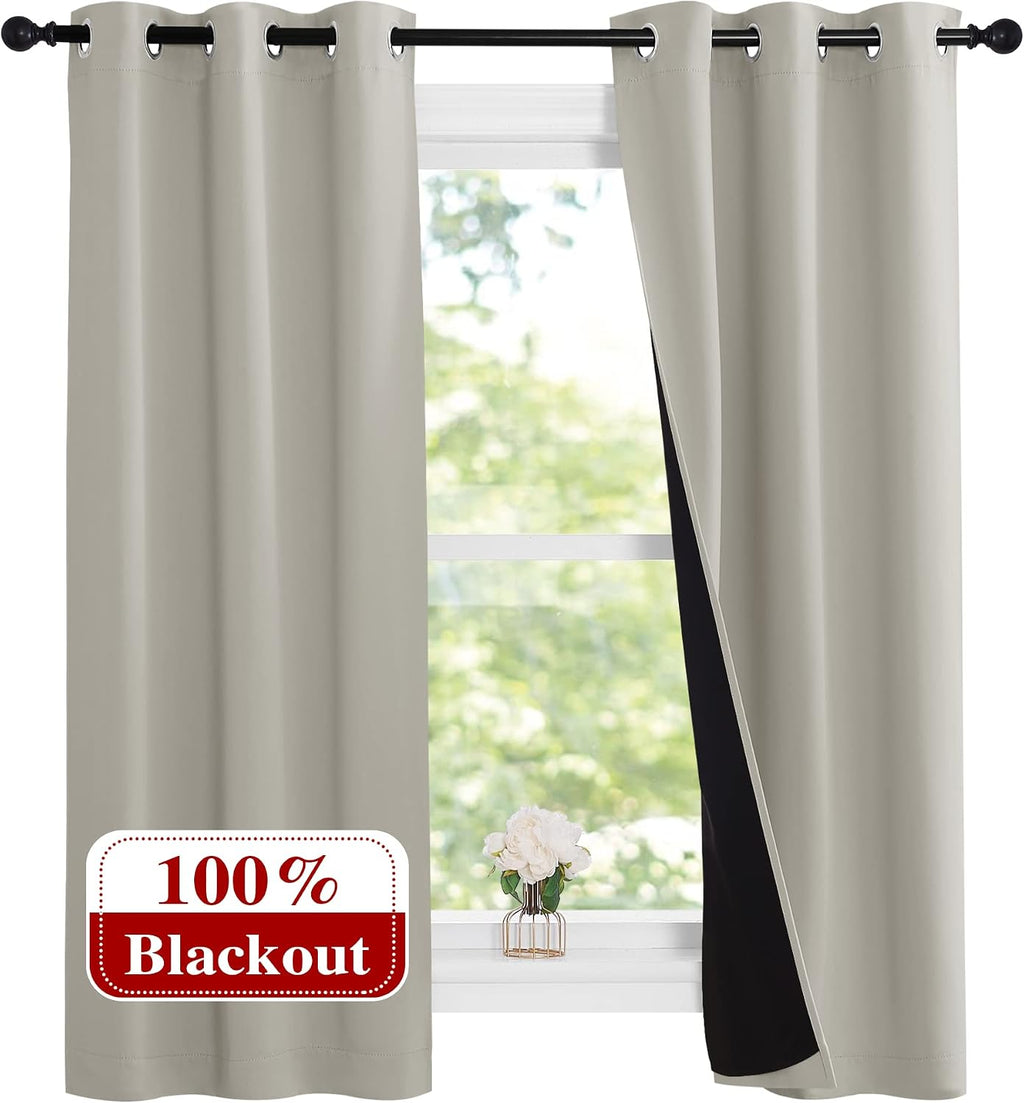Nicetown Natural 100% Blackout Lined Curtains, 1 Pair, 37" Width x 60" Length Each Panel, 2 Thick Layers Narrow Wide Window Treatment Panel…