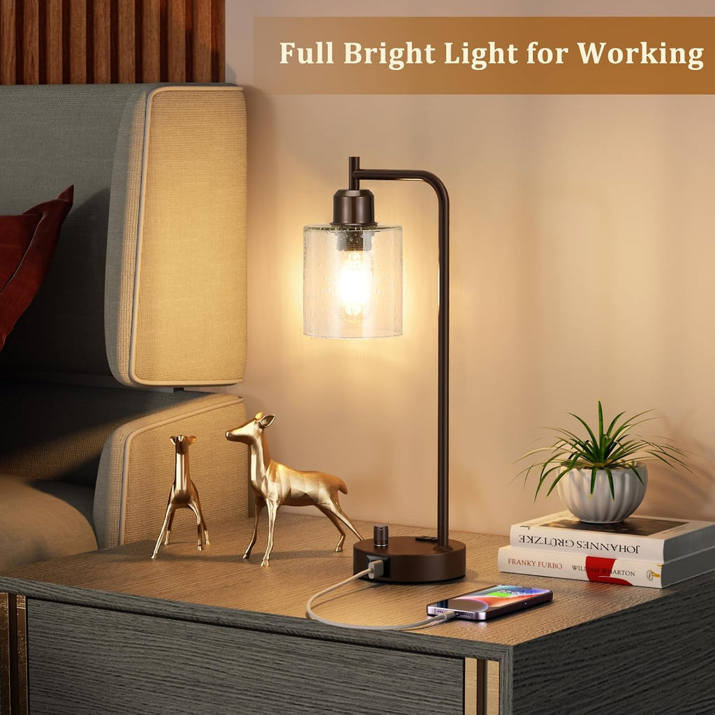 Innqoo Brown Industrial Bedside Table Lamp for Bedroom - Nightstand Lamps with USB C Charging Port, Fully Dimmable Black Ports and…