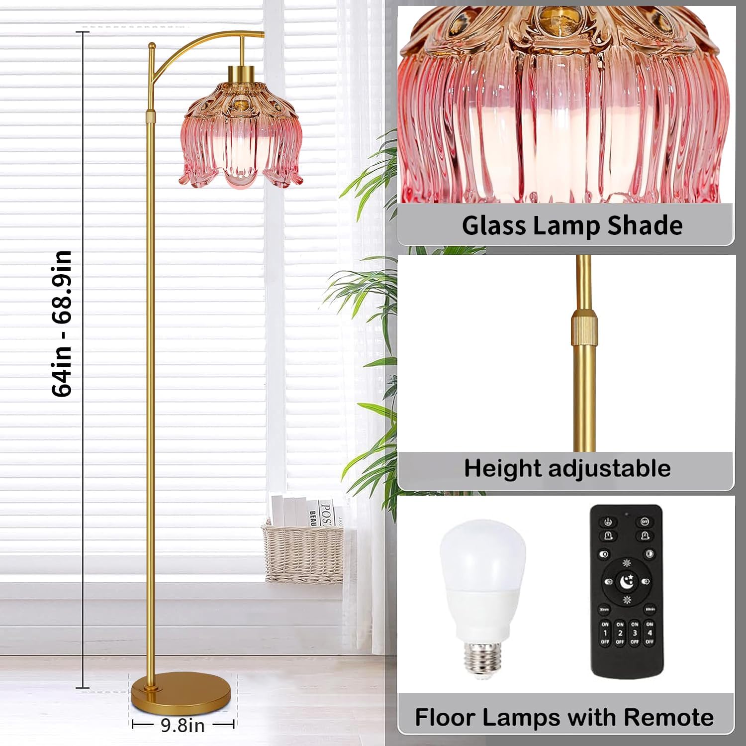 QIYIZM Pink Floor Lamp for Living Room, Bedroom, Glass Gold Dimmable Standing Lamp with Remote, Mid Century Modern Brass Tall Lamp Boho…