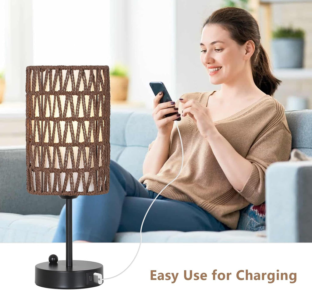 Bedside Lamps Set of 2, Touch Control Night Stand Lamp for Bedroom with Rattan & Linen Shade & Bulbs, 3 Way Dimmable Small Boho Table…