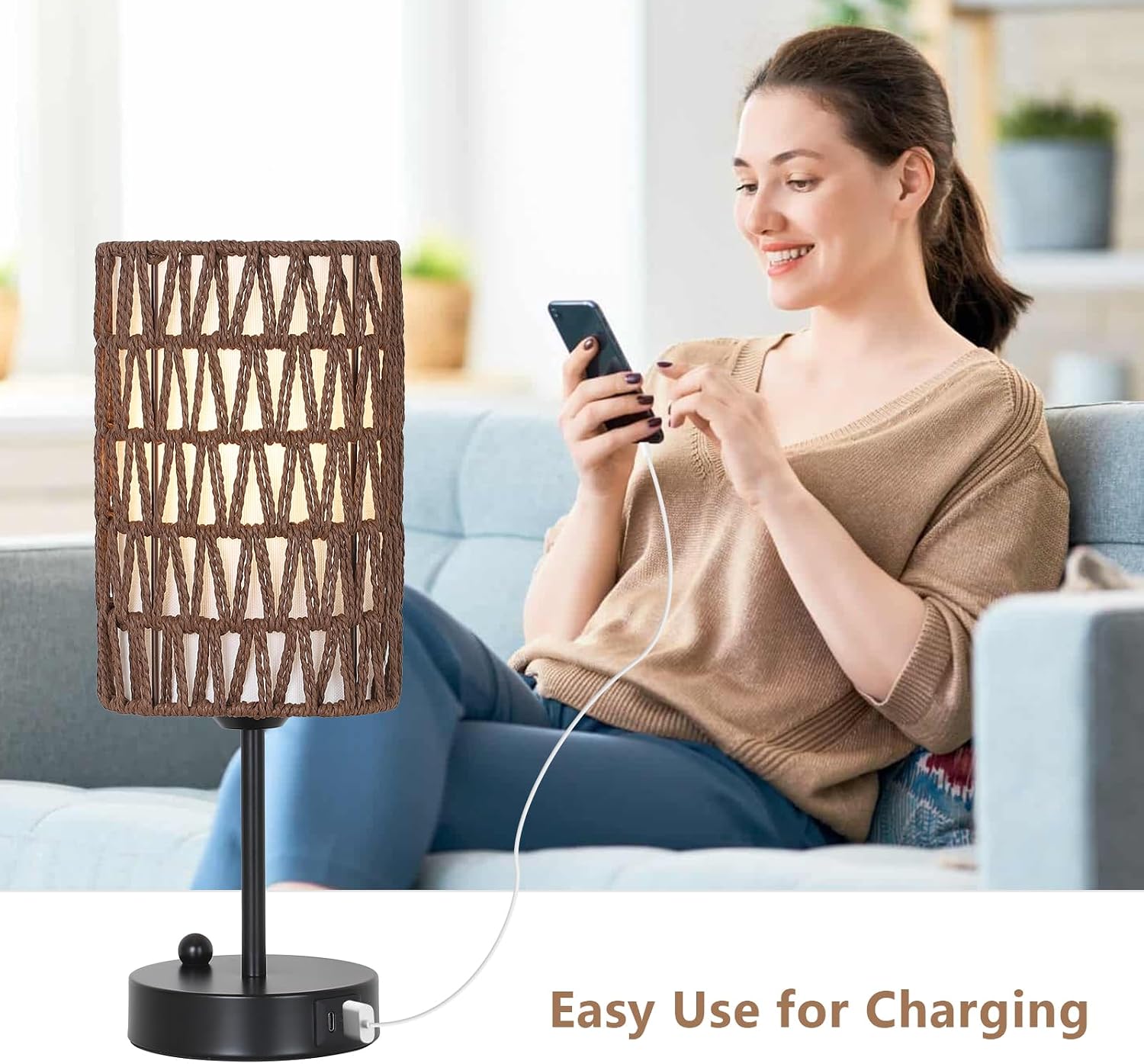 Bedside Lamps Set of 2, Touch Control Night Stand Lamp for Bedroom with Rattan & Linen Shade & Bulbs, 3 Way Dimmable Small Boho Table…