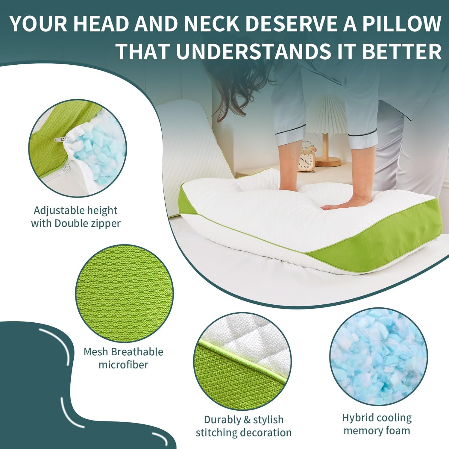 Luxury Hotel Cooling Pillow for Sleeping, Medium Firm Shredded Memory Foam Pillows King Size Set of 2, with Zipper Adjustable Supportive