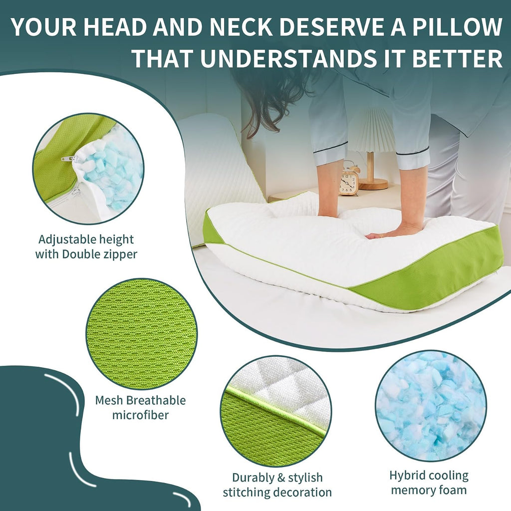 Luxury Hotel Cooling Pillow for Sleeping, Medium Firm Shredded Memory Foam Pillows Queen Size Set of 2, with Zipper Adjustable Supportive
