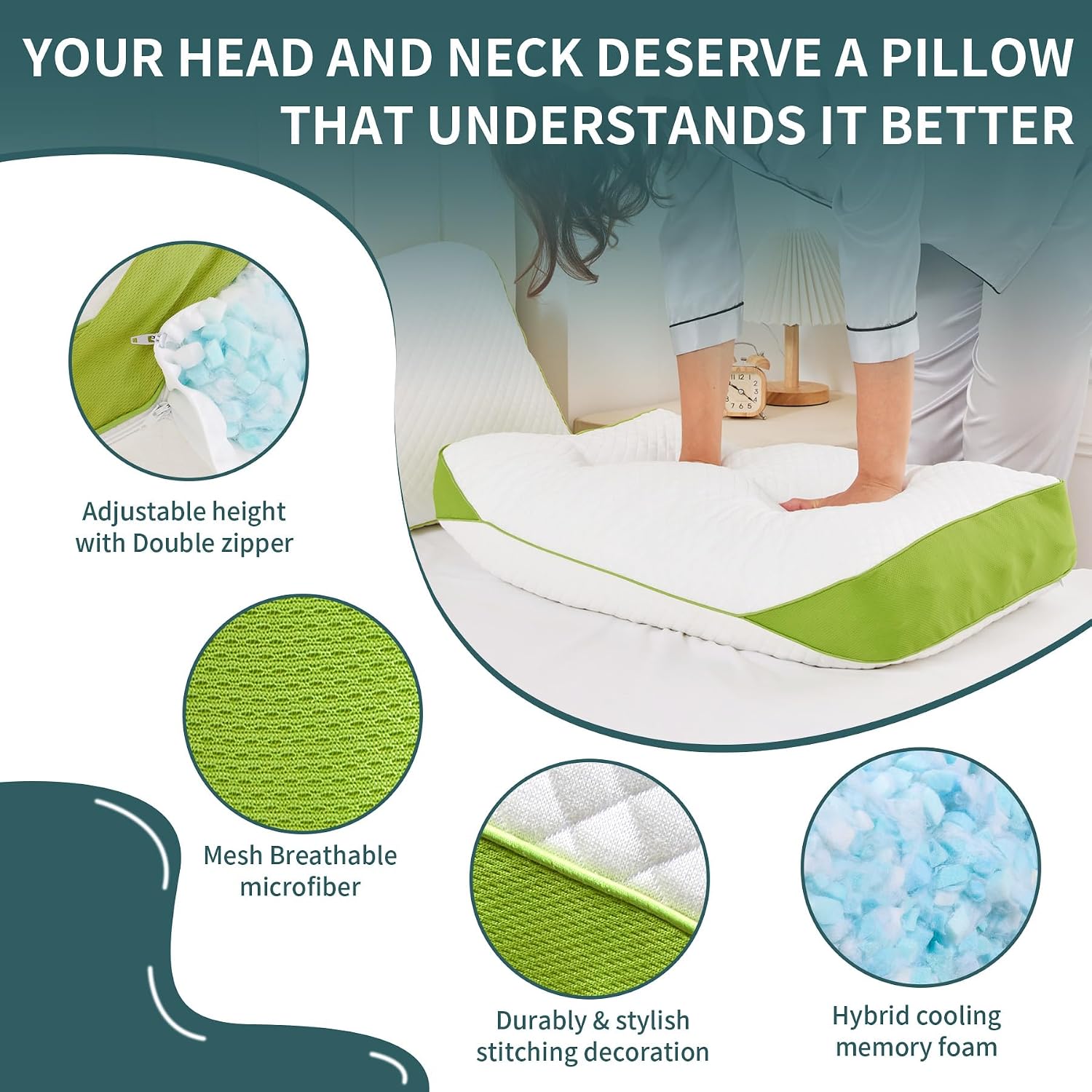 Luxury Hotel Cooling Pillow for Sleeping, Medium Firm Shredded Memory Foam Pillows Standard Size Set of 2, with Zipper Adjustable Supportive