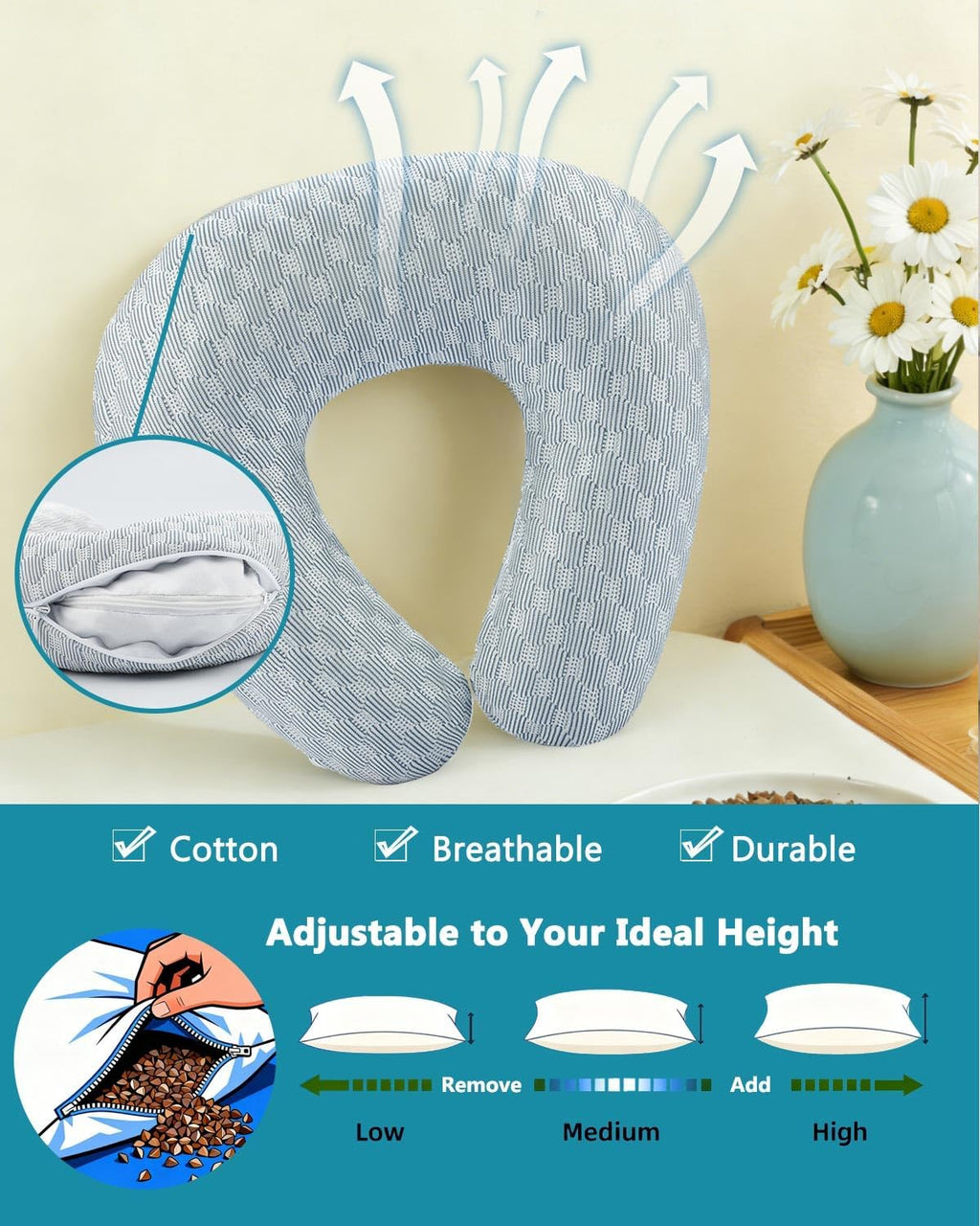 Buckwheat Neck Pillow with Dual-Layer Pillowcase, 12''x12'' Adjustable Firm U Shaped Pillows, Breathable for Cool Sleep, Neck Support…