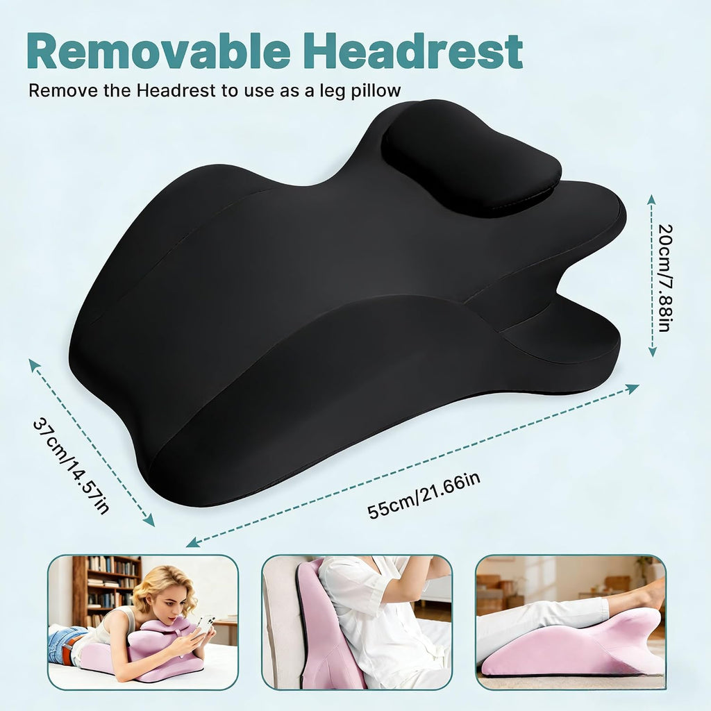 Ergonomic Memory Foam Wedge Pillow, Back and Neck Support Cushion for Reading in Bed, Sitting Up, Bed Rest and Watching TV (Black)