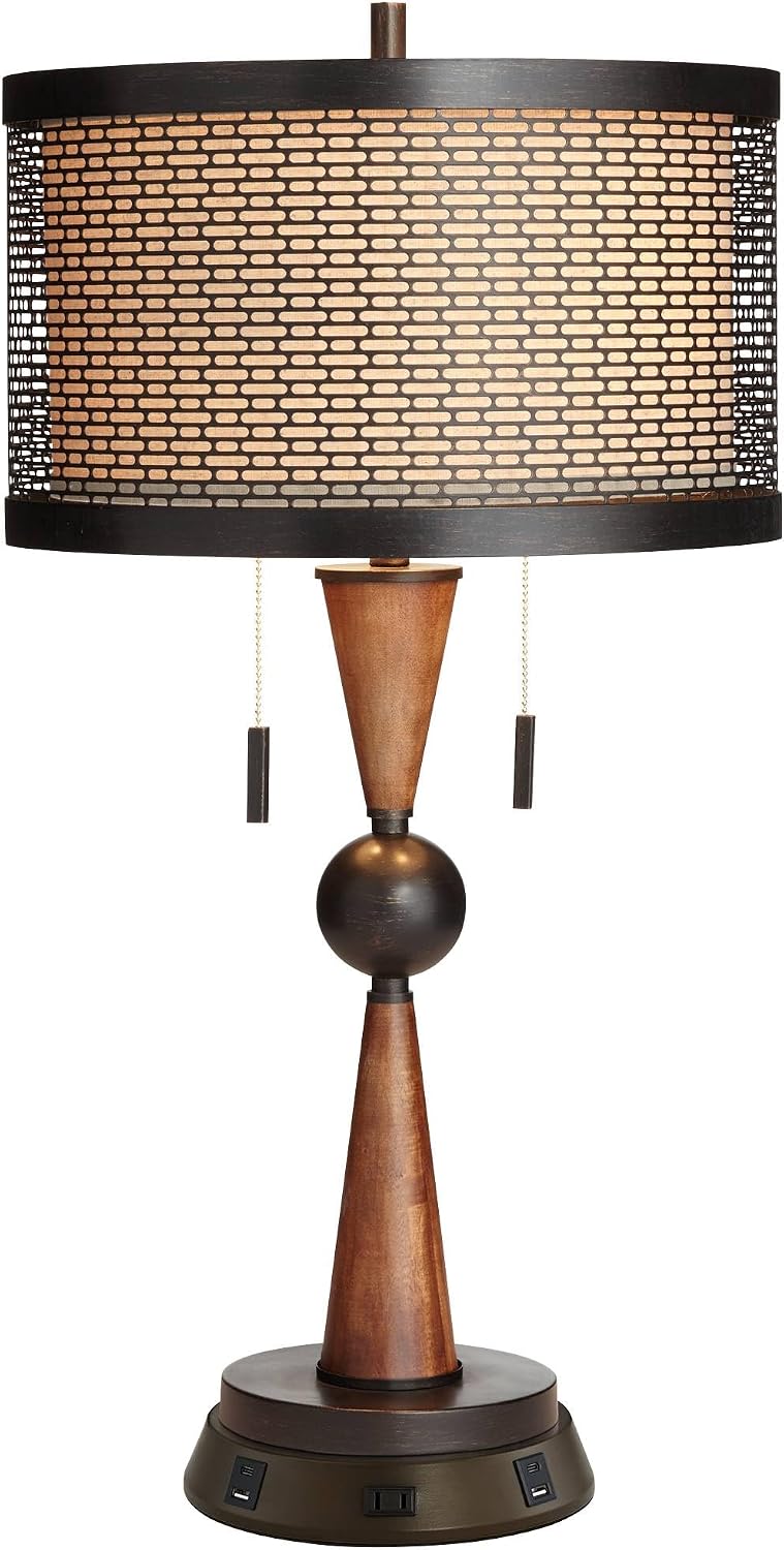 Franklin Iron Works Hunter Rustic Farmhouse Table Lamp with USB and AC Power Outlet Workstation Charging Base 28.75" Tall Bronze Cherry…