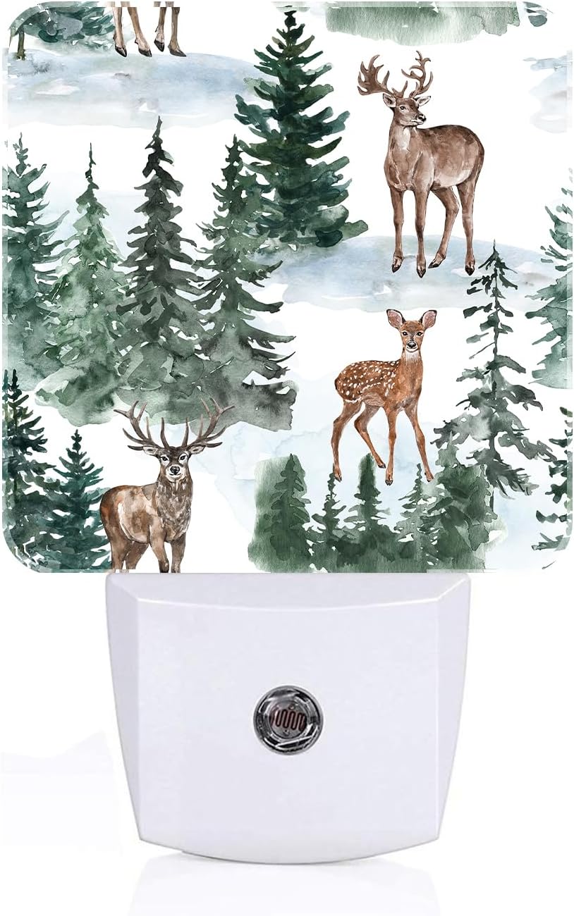Watercolor Deer and Forest Night Light, Plug Into Wall for Boys Girls Bedroom Decorative Square Night Light Lamp 0.5w Sleep Friendly