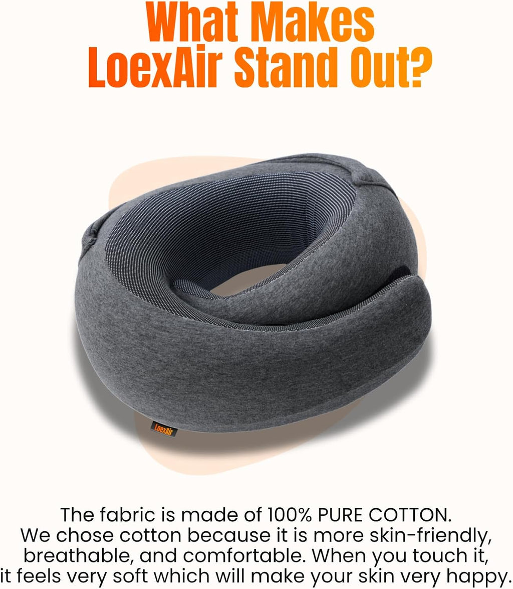 LOEXAIRTM Hooded Pro Travel Pillow - Memory Foam Neck Support Pillow for Airplane, Flight - Super-Soft Pure Cotton Fabric, Maximum Privacy…
