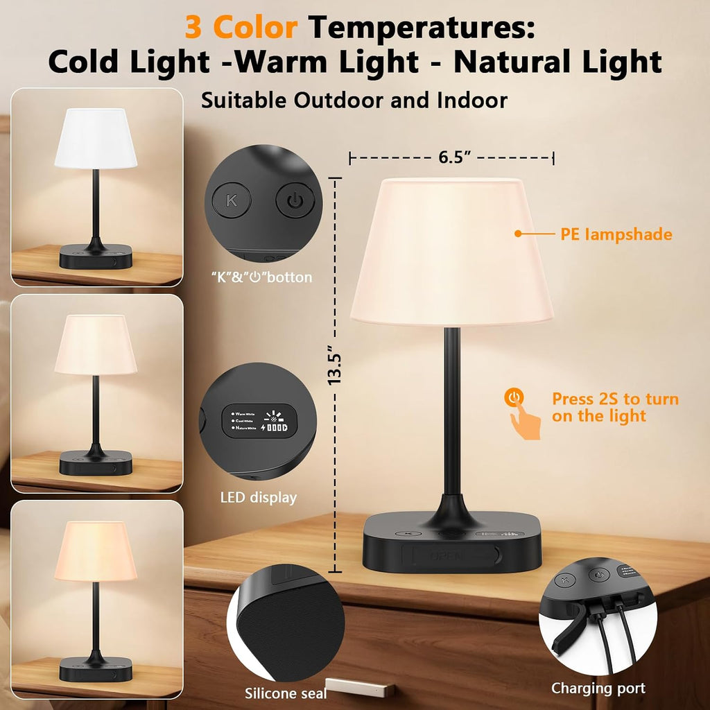 Table Lamp - 8000mAh Cordless Rechargeable Battery and Dimmable LED Display Touch Lamp for Patio Bedroom (Black, 1 Pack)