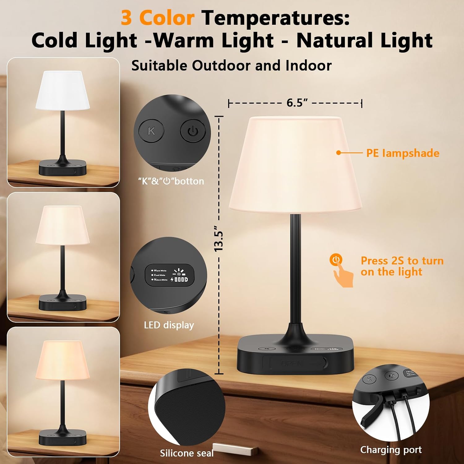 Table Lamp - 8000mAh Cordless Rechargeable Battery and Dimmable LED Display Touch Lamp for Patio Bedroom (Black, 1 Pack)