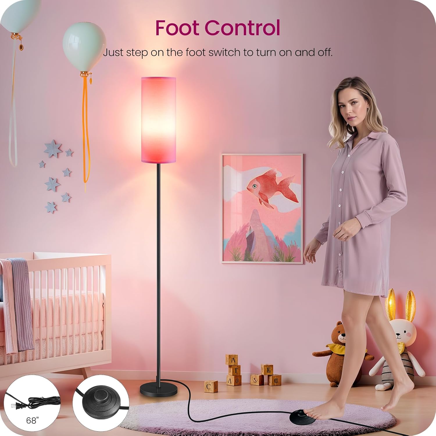 Dimmable Pink Floor Lamp for Living Room with Remote and Foot Switch, Corner Floor Lamp for Bedroom, 64.4" Standing Tall Lamp, 10W 900LM…