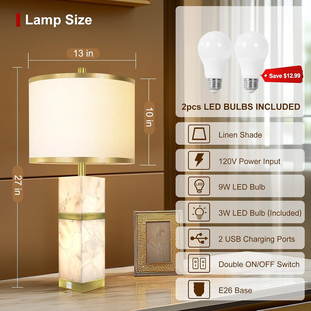 Natural Alabaster Table Lamps Set of 2 - Table Lamp with Night Light for Bedroom, Nightstand Lamps with USB Ports, Bedside Lamps with Linen…