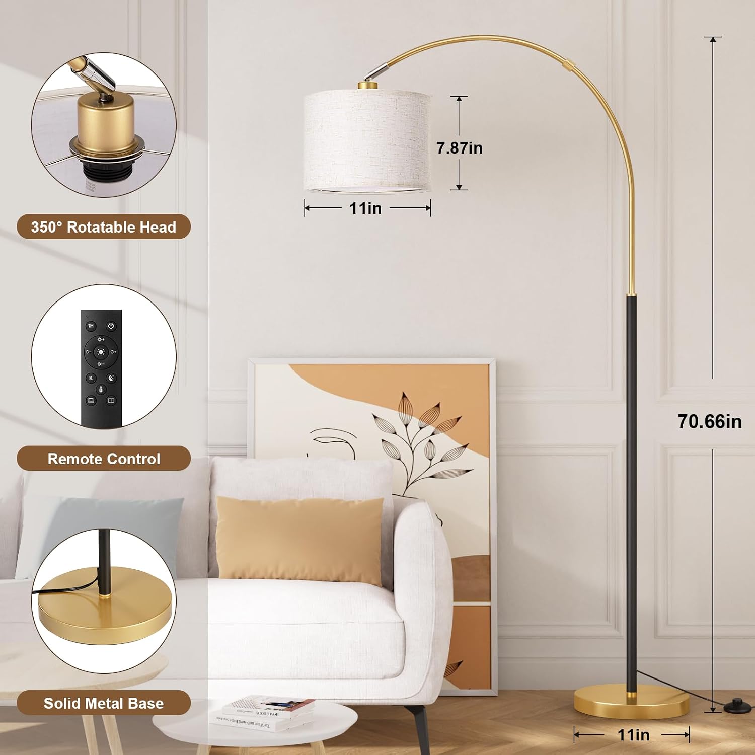 Ambimall Dimmable Arc Floor Lamp with Remote, Color Temperatures and Brightness Adjustable, Arched Floor Lamp with Rotating Head, Over…