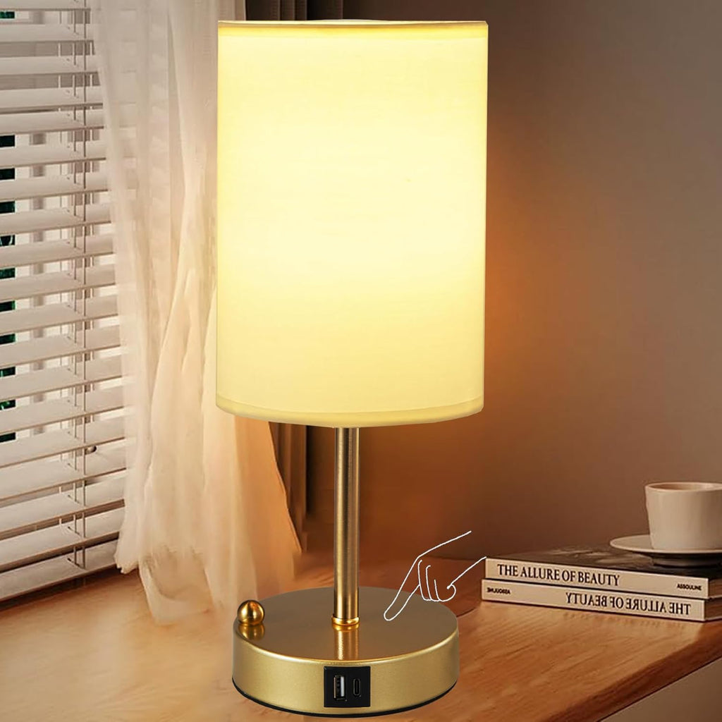 Briever Touch Control Table Lamp for Bedroom, 3-Way Dimmable Nightstand Lamp with USB Charging Ports, Bedside Desk Lamp with Gold Phone…